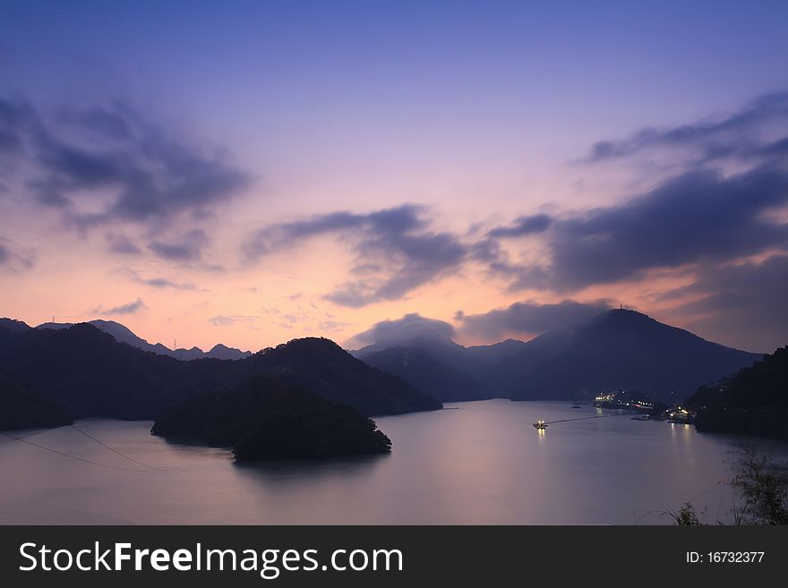 Beautiful sunset at reservoir in the autumn, Taiwan,