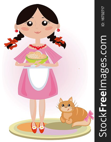 Girl brunette in the pink dress feeds cat. Girl brunette in the pink dress feeds cat