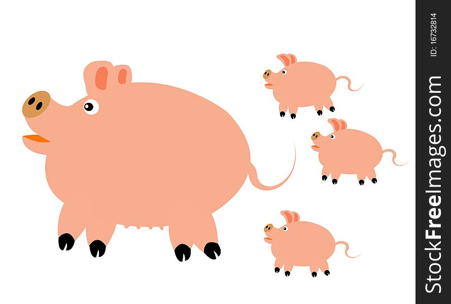 Big pig with three small pigs. Big pig with three small pigs