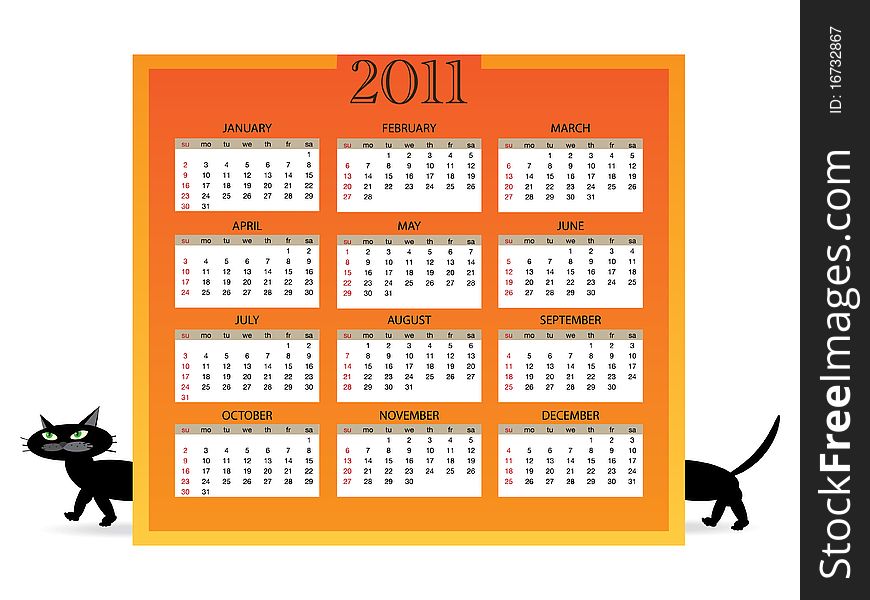 2011 calendar with cat - illustration. 2011 calendar with cat - illustration