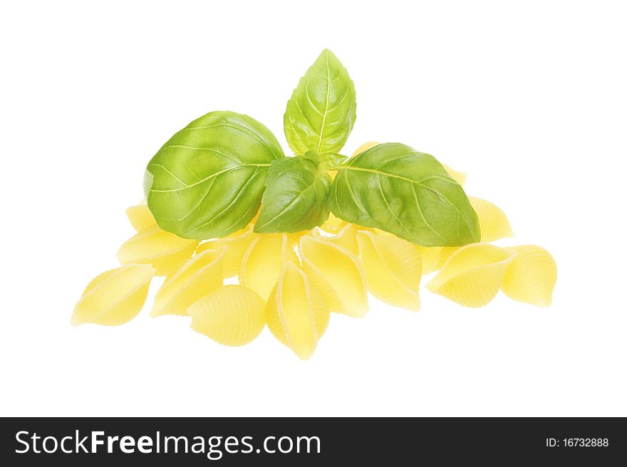 Conchiglie pasta and fresh basil isolated against white. Conchiglie pasta and fresh basil isolated against white