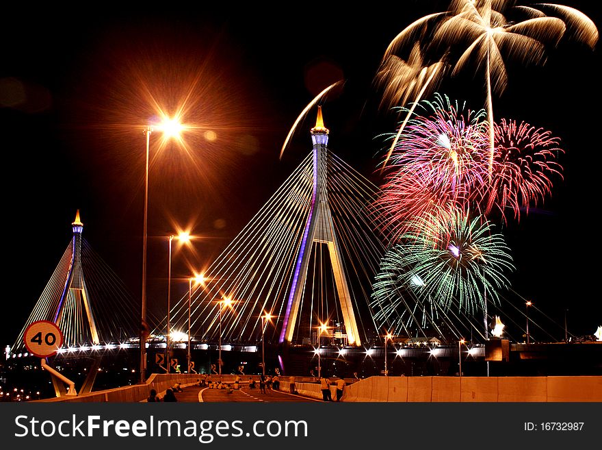 Fireworks Bridge Opening the bridge in Bangkok thailand. Fireworks Bridge Opening the bridge in Bangkok thailand