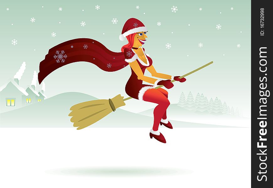 witch in christmas red dress with broom. witch in christmas red dress with broom