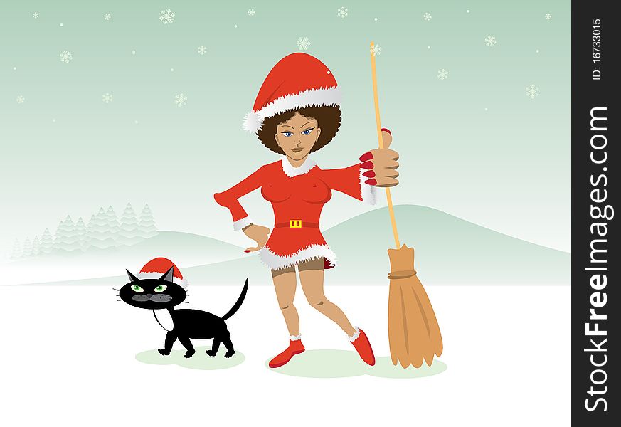 Christmas witch in red dress with broom and black cat - illustration