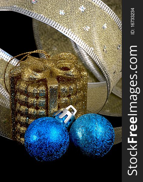Golden and blue  christmas balls and  ribbon