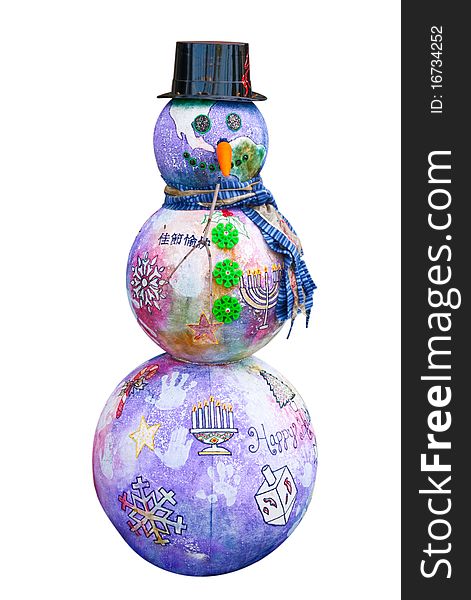 Styrofoam snowman with colorful decorations, isolated on white background w/clipping path. Styrofoam snowman with colorful decorations, isolated on white background w/clipping path