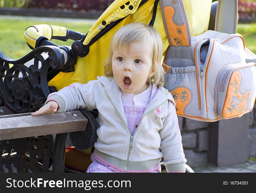 The child costs on open air with widely opened mouth and with astonishment looks aside. The child costs on open air with widely opened mouth and with astonishment looks aside