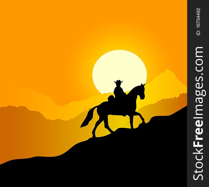 Evening mountain landscape. The lonely horseman against a sunset in mountains. Evening mountain landscape. The lonely horseman against a sunset in mountains.