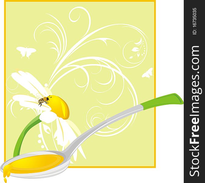 Chamomile and spoon with floral honey. Illustration