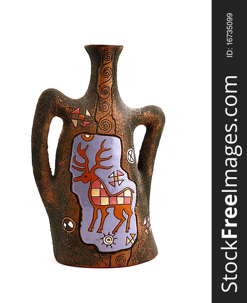 Ceramic vase with a deer on blue background with multi-colored ornament