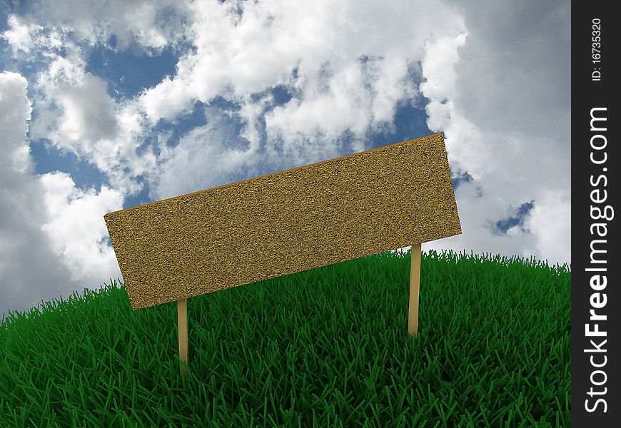 Sign in the grass against the sky with clouds