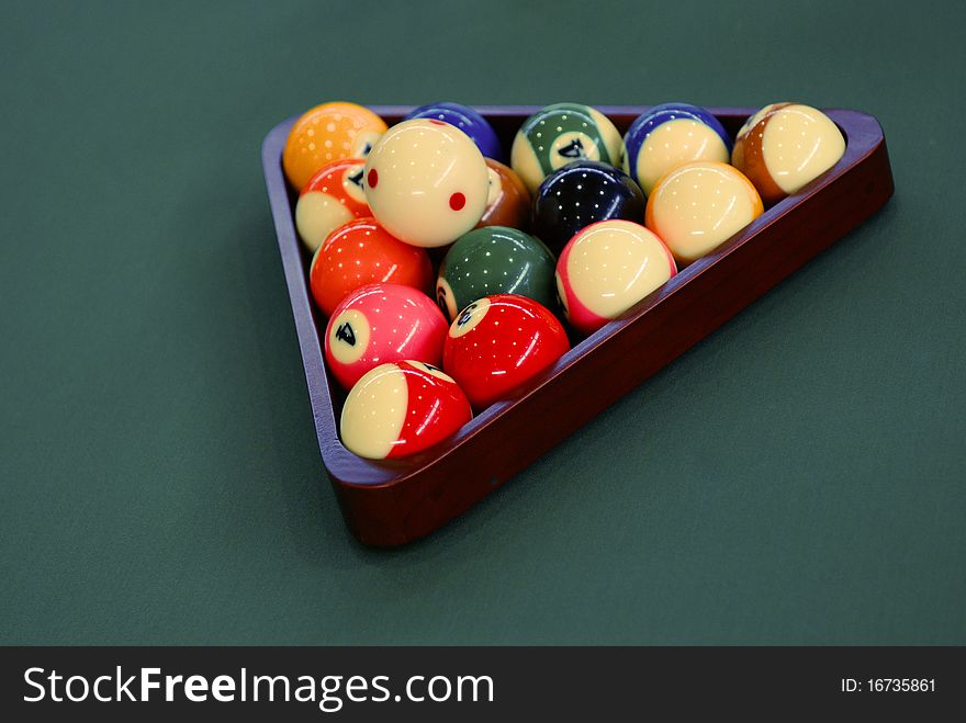 Overhead view of racked pool balls on pool table. Overhead view of racked pool balls on pool table.