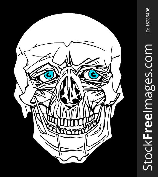 Illustration of white skull with blue eyes
