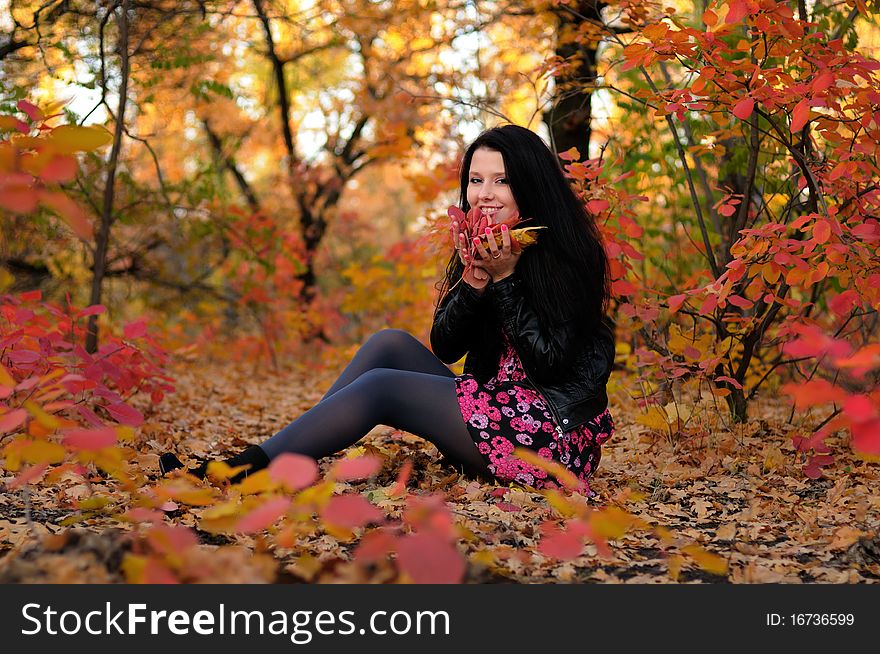 The girl brunette in autumn wood