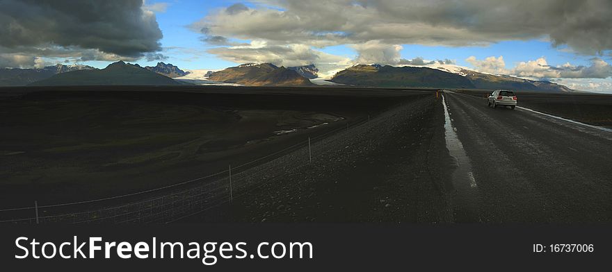 Panoramic view of volcanic land under Vatnajokull glacier, Iceland. Panoramic view of volcanic land under Vatnajokull glacier, Iceland