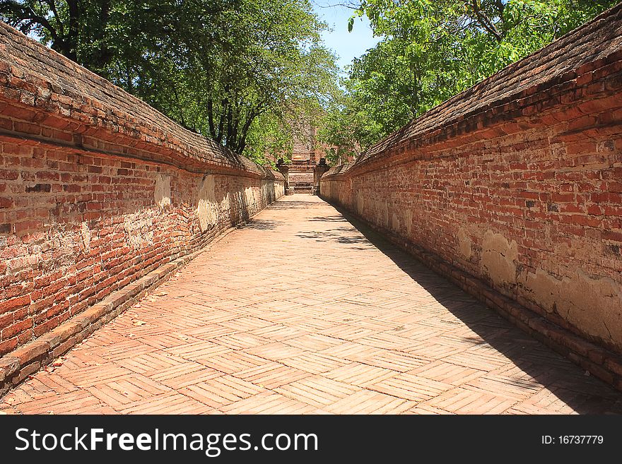 Brickwall in temple ayuthaya thailand