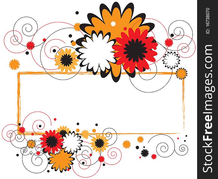 Floral Banner with orange, red and black flowers.