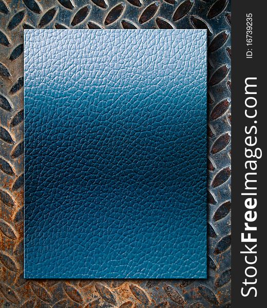 Blue leather texture on grunge steel plate