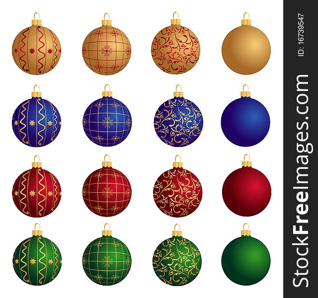 Illustration of Christmas Balls: gold, red, green, blue