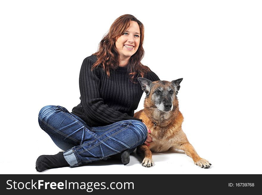 Young woman and her purebred old belgian sheepdog malinois. Young woman and her purebred old belgian sheepdog malinois