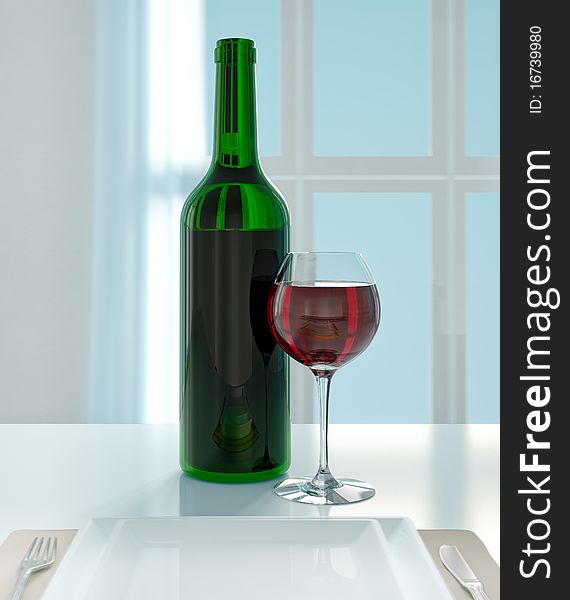 Glass of red wine and bottle. 3D rendered.