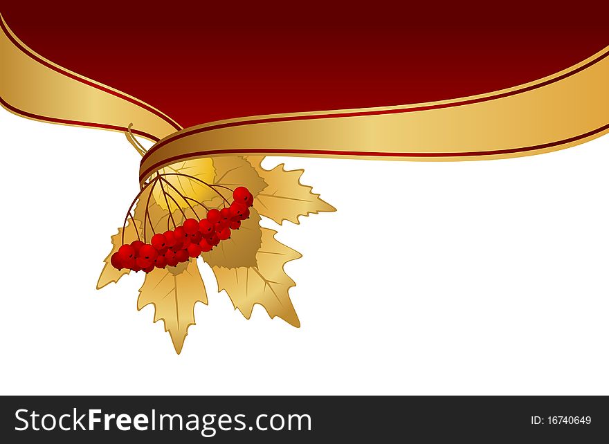 Abstract background with autumnal leaves and golden ribbon.