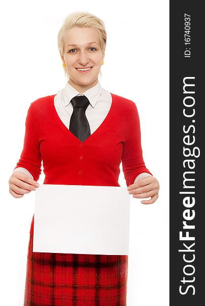 Business woman with a plate isolated on a white