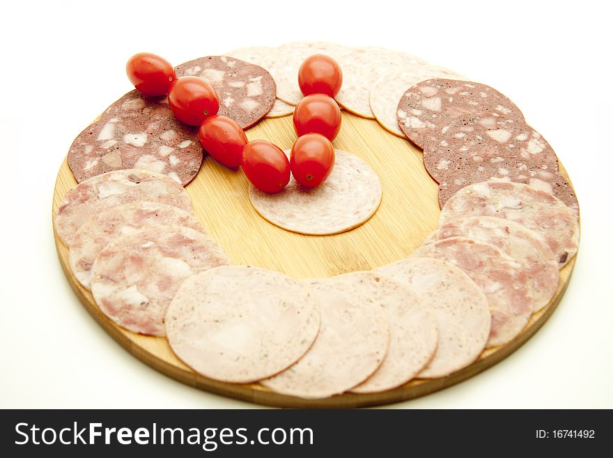 Sausage plate with cherry tomatoes. Sausage plate with cherry tomatoes