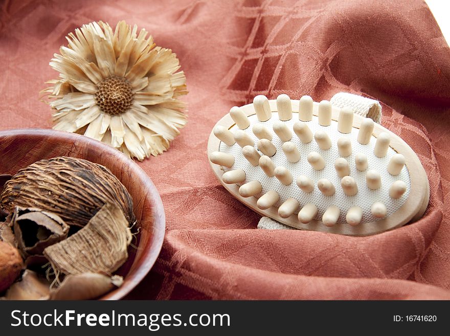 Massage brush with flower and nutshells on table cloth