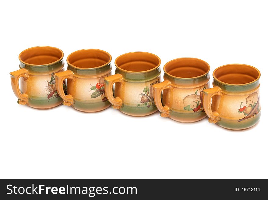 Five Large Ceramic Mugs In Red Lined