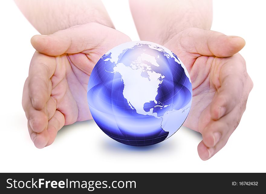 Hand holding the globe isolated on white. Hand holding the globe isolated on white