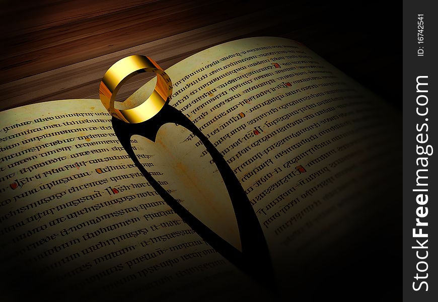 Gold ring casts the shadow of a heart against the pages of a book. Gold ring casts the shadow of a heart against the pages of a book