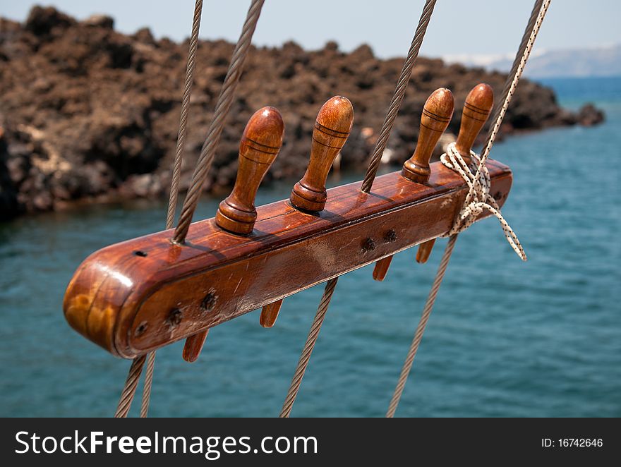 Wooden sail ship rigging with selective focus