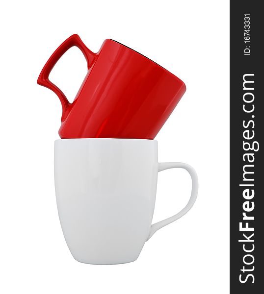 Empty white and red cup on a white background. Empty white and red cup on a white background