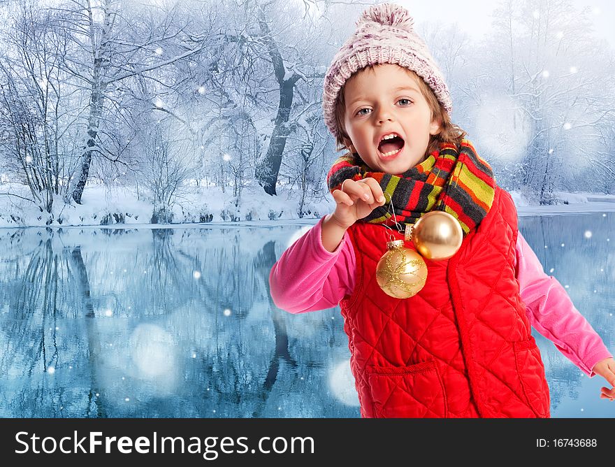 Girl three years old with christmas balls. Girl three years old with christmas balls