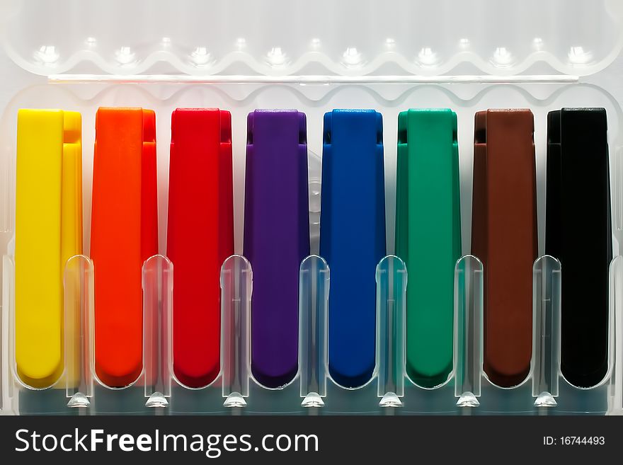 Eight pens in their package. Sundries colors