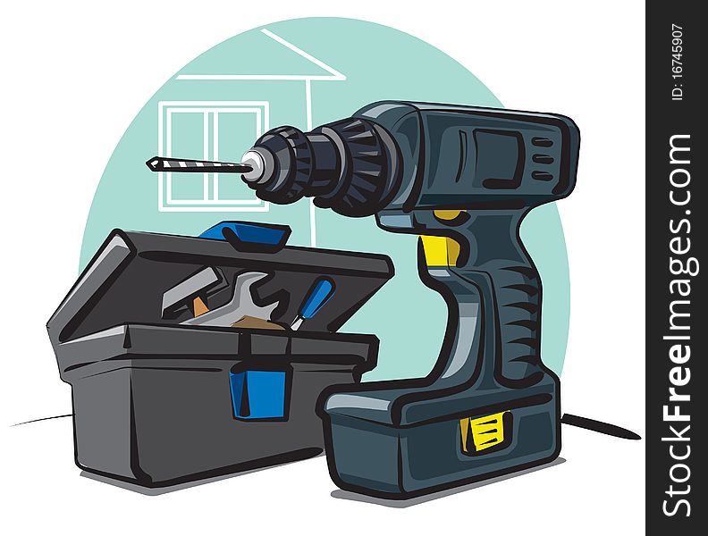 Cordless power drill and toolbox with instruments