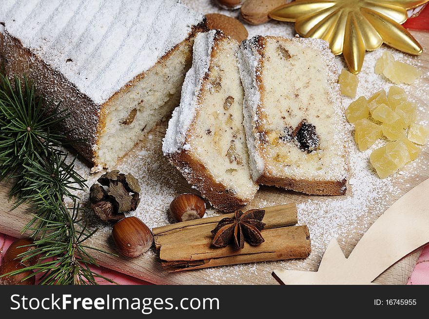 Christmas cake with nuts and chocolates drops