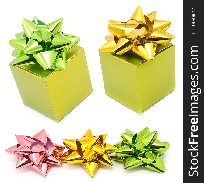 Two green gift box with color ribbons. Two green gift box with color ribbons