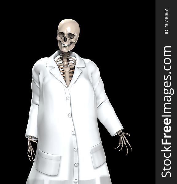 A skeleton that is dressed in a doctors uniform. A skeleton that is dressed in a doctors uniform.