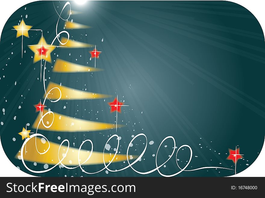 Gold Christmas tree with red and gold stars on a dark green background. Gold Christmas tree with red and gold stars on a dark green background