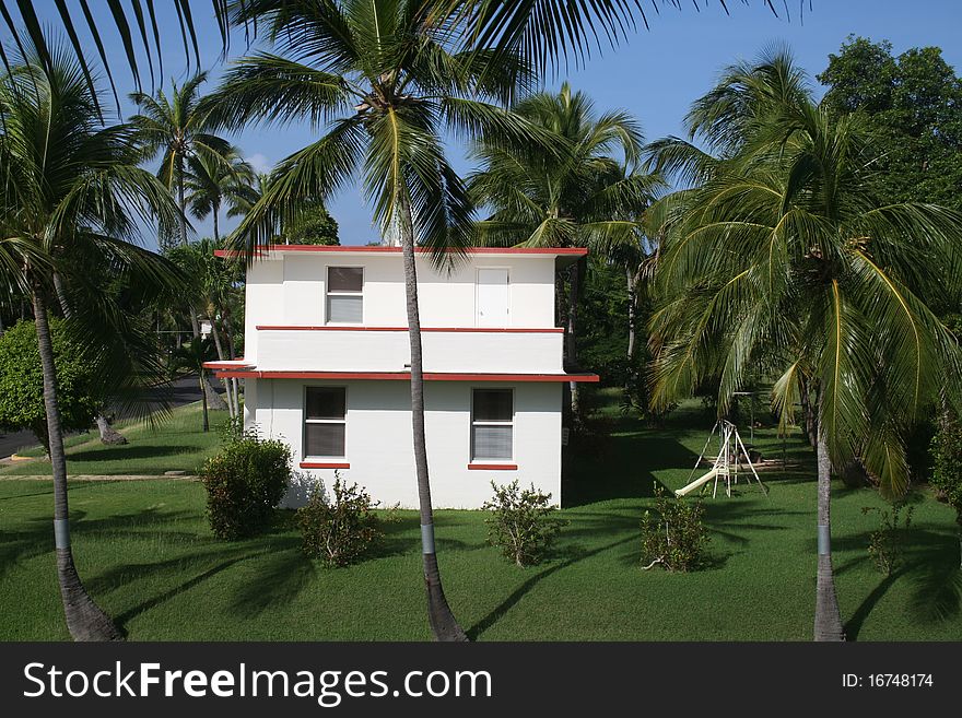 Concrete house typical of construction in Puerto Rico with tropical palm trees. Concrete house typical of construction in Puerto Rico with tropical palm trees.