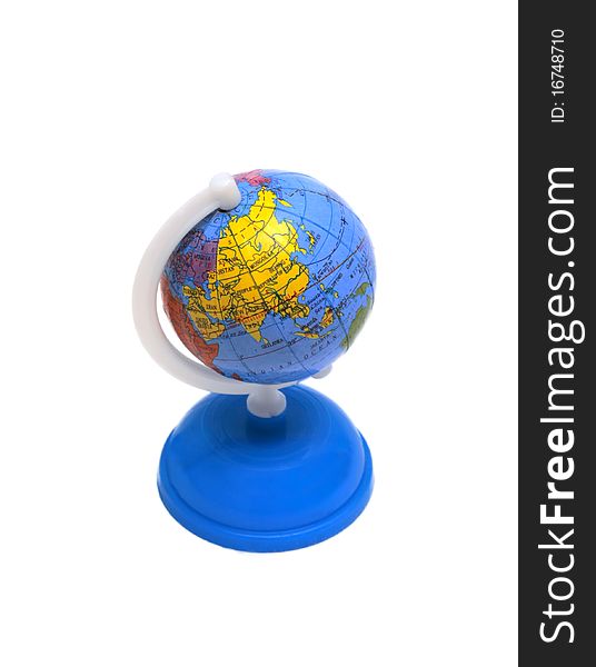 Small globe on a blue stand isolated on a white background. Small globe on a blue stand isolated on a white background