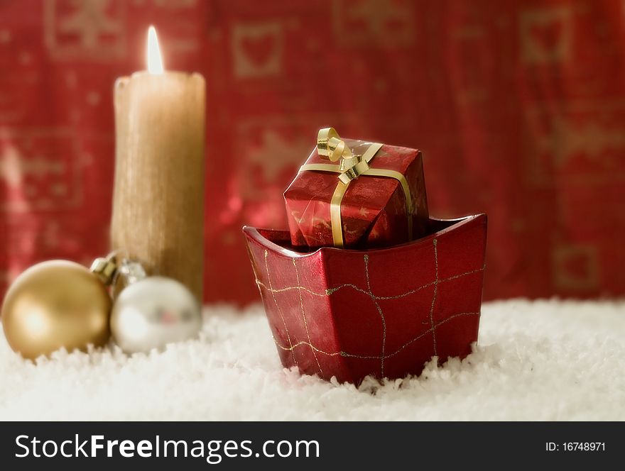Christmas gift box with candle,. Christmas gift box with candle,