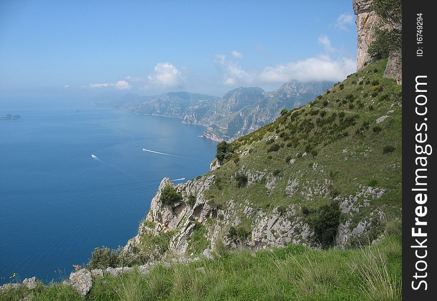 Photo taken along the famous route of the Path of the Gods which is located on the Amalfi Coast along the stretch that runs from top to Bomerano Positano along the entire panorama of the Amalfi coast from the top, a breathtaking view like no other. Photo taken along the famous route of the Path of the Gods which is located on the Amalfi Coast along the stretch that runs from top to Bomerano Positano along the entire panorama of the Amalfi coast from the top, a breathtaking view like no other