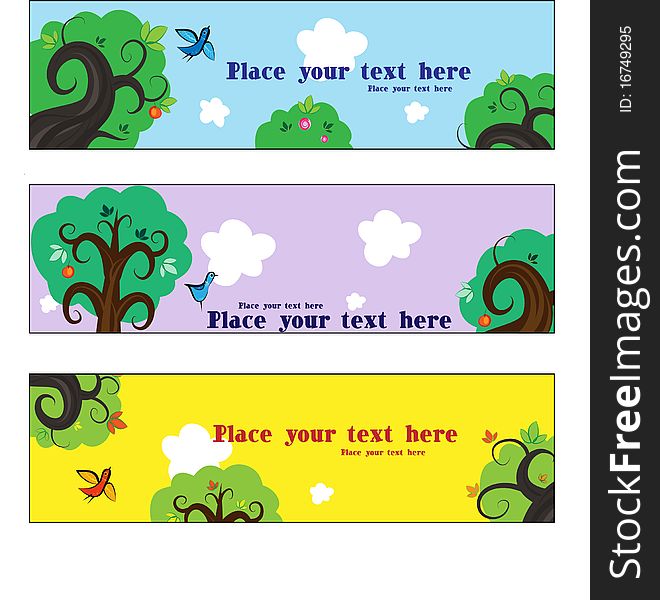 A set of cards on a background of trees and birds. A set of cards on a background of trees and birds