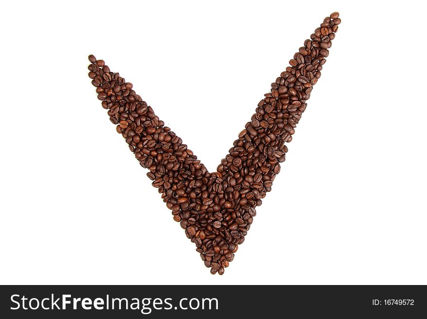 Checkmark from coffee beans on white background