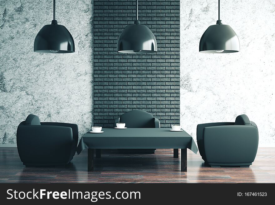 Cozy cafe intrerior with small black coffee table, two armchairs and ceiling lamps. 3D Rendering