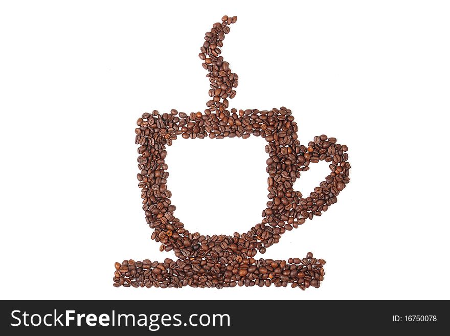 Cup of coffee from coffee beans, isolated on white