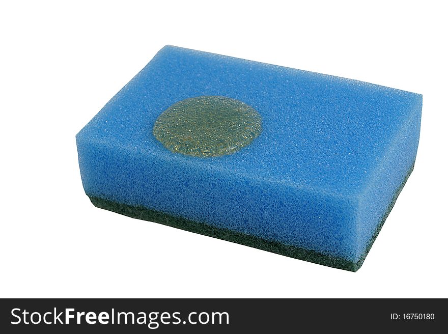 Kitchen sponge with washing-up liquid drops on a white background